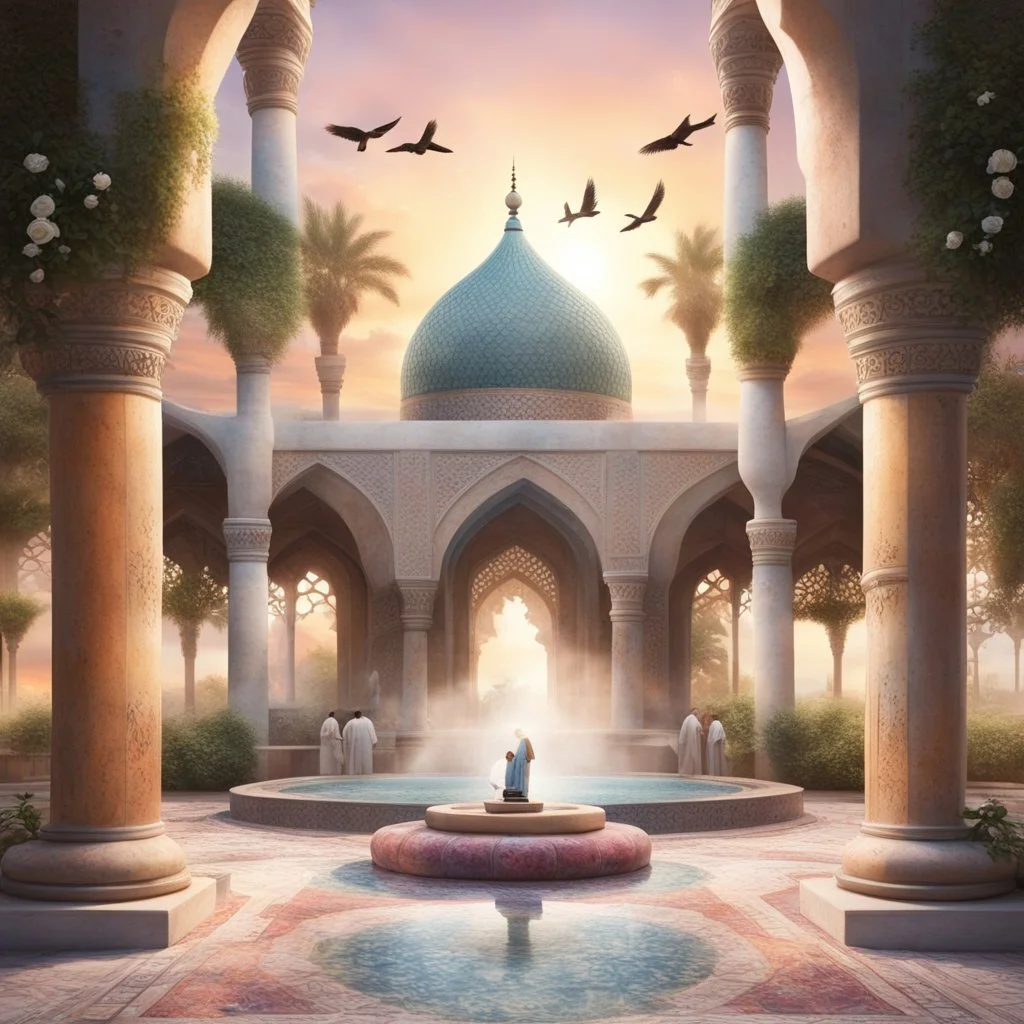 Hyper Realistic people praying in a multicolor rustic textured Mosque with beautiful fountain & white rose garden with beautiful sunset & birds flying