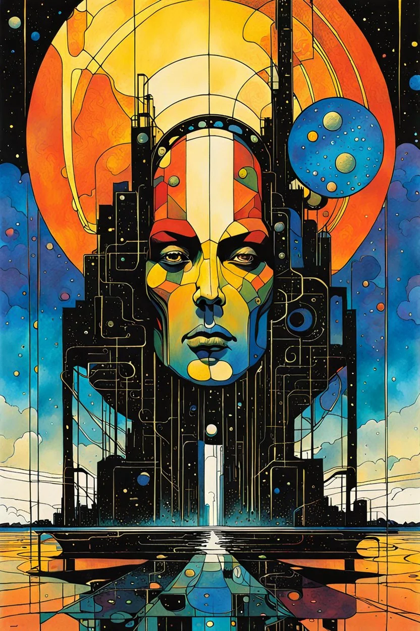 Create a chaotic abstract cubist Tarot Card depicting a post apocalyptic, Strength , with highly detailed facial features, in the style of Bill Sienkiewicz, Philippe Druillet, Gustav Klimt, and Jean Giraud Moebius, precisely drawn, colored and inked