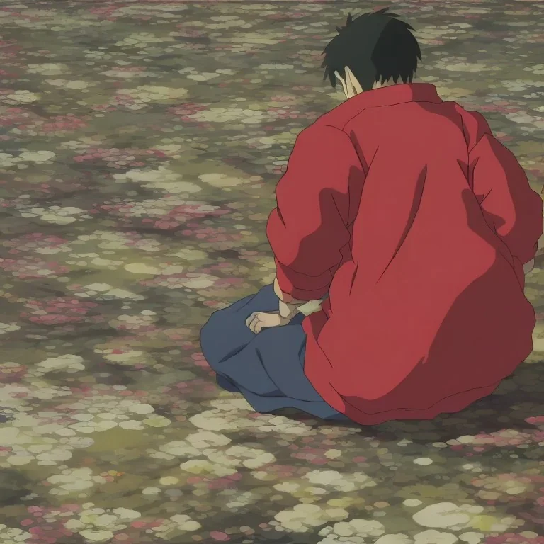 just a distant japanese only boy, photo from behind, black hair, sitting on floor, akira red jacket with pill in the back, tokyo post apocalyptic, rain, extremely detailed, extremely realistic Wide Angle