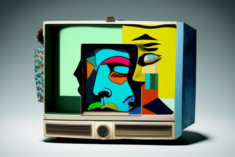 man with head inside a old tv in the style of Eileen Agar