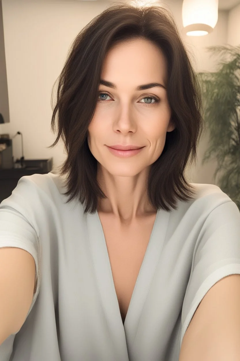 A selfie of a brunette woman, middle short hair taken at spa salon. showing attractive 37-year-old European woman. (She has white skin, tousled black hair, pretty face without makeup, big round brown eyes, cute profiled nose, detailed full lips, skin texture.)