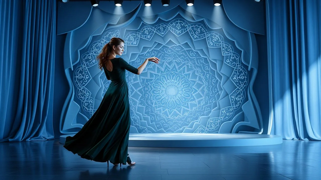 modern stage with gray-blue theme artistic decoration , color full dynamic lighting, a beautiful lady in modern maxy dark dark green dress with shining silver jwells dancing, 3D recursive fractal structure animating background