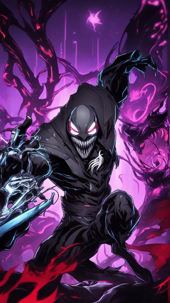 Mix between venom symbiote and Reaper in solo leveling shadow style with neon glowing blue