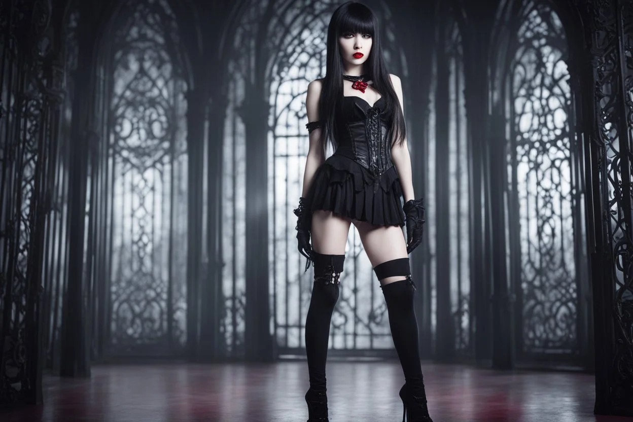 Full-body shot, of slender pale emo woman, standing braced, long straight dark hair with bangs, fair skin, red lips, slender, stockings, stilettos, fantasy background