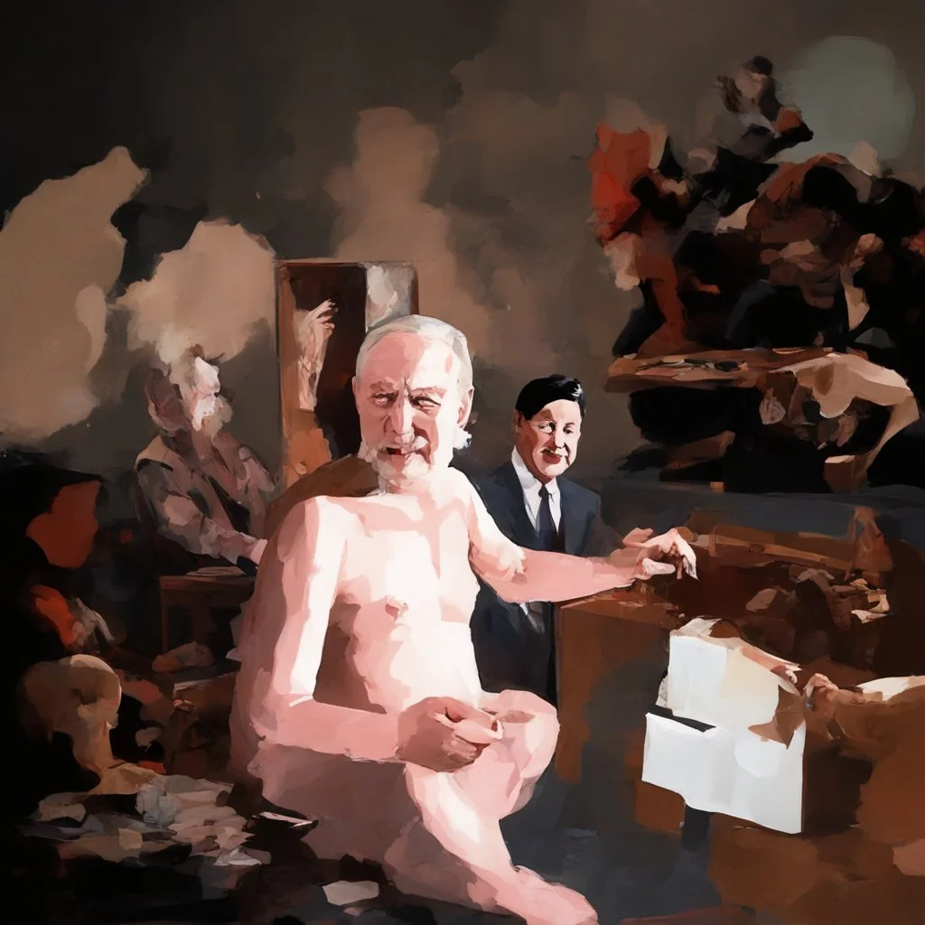 Putin, President Xi Of China And Joe Biden Play Chess With Atomic Bomb Mushroom Cloud,Complex Surgical Instruments Intermixed With A Newborn Boy,Minimalism,Painting By Adrian Ghenie,Rene Magritte,Pablo Picasso,Michelangelo,Salvador Dali,Lucian Freud