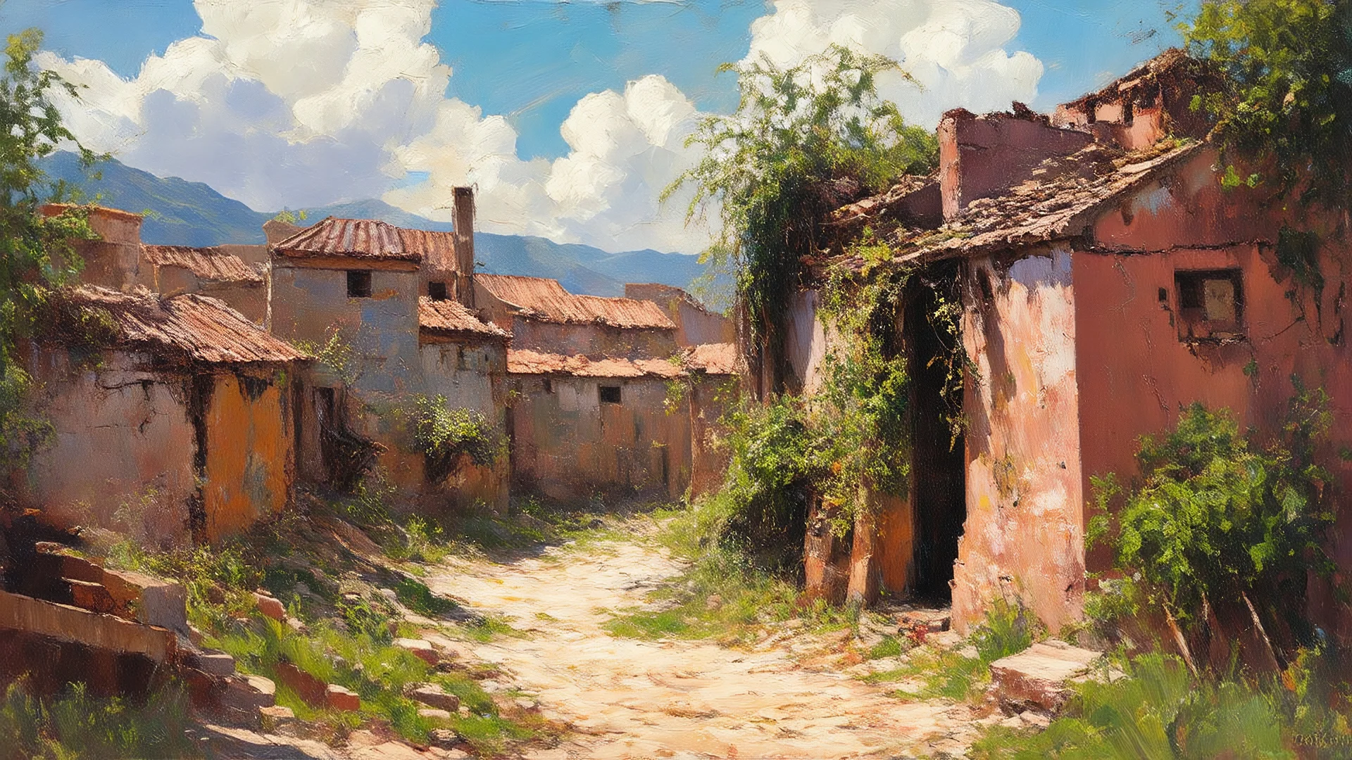 Oil painting of a small ancient village, corroded and rusted over time, by Thomas Moran and Claude Monet, (long shot), vibrant colors of nature reclaiming the village, intricate details of decay and growth.