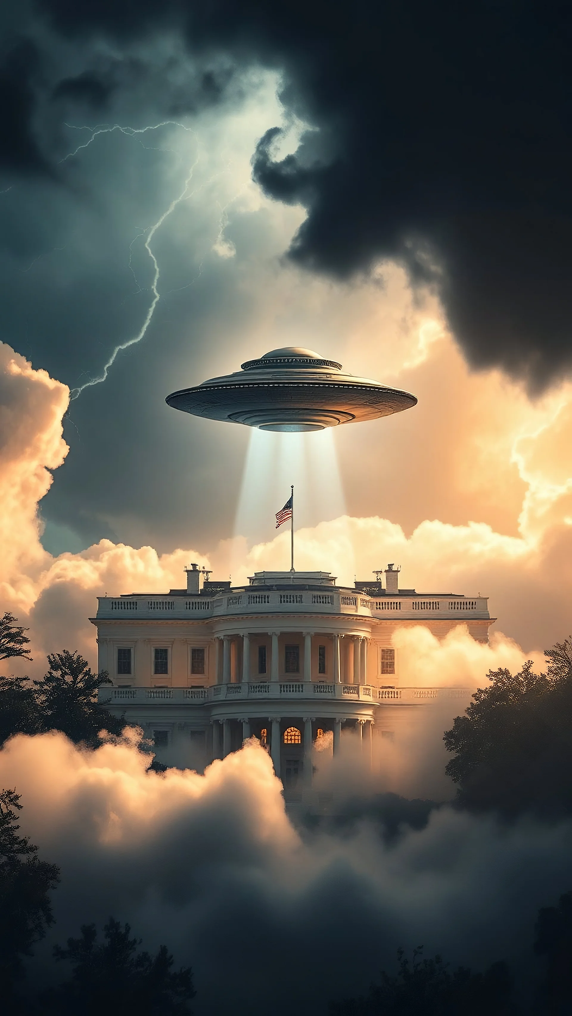 A ufo hovering above the White house hovering above swirling clouds, emerges from the heart of a raging storm. Turbulent winds of steam swirl around the iconic structure, lit by shafts of sunlight that cast dramatic shadows on the A large UFO spacecraft hovering over the White House surrounding clouds. A storm rages and thunder lights up the dark sky,