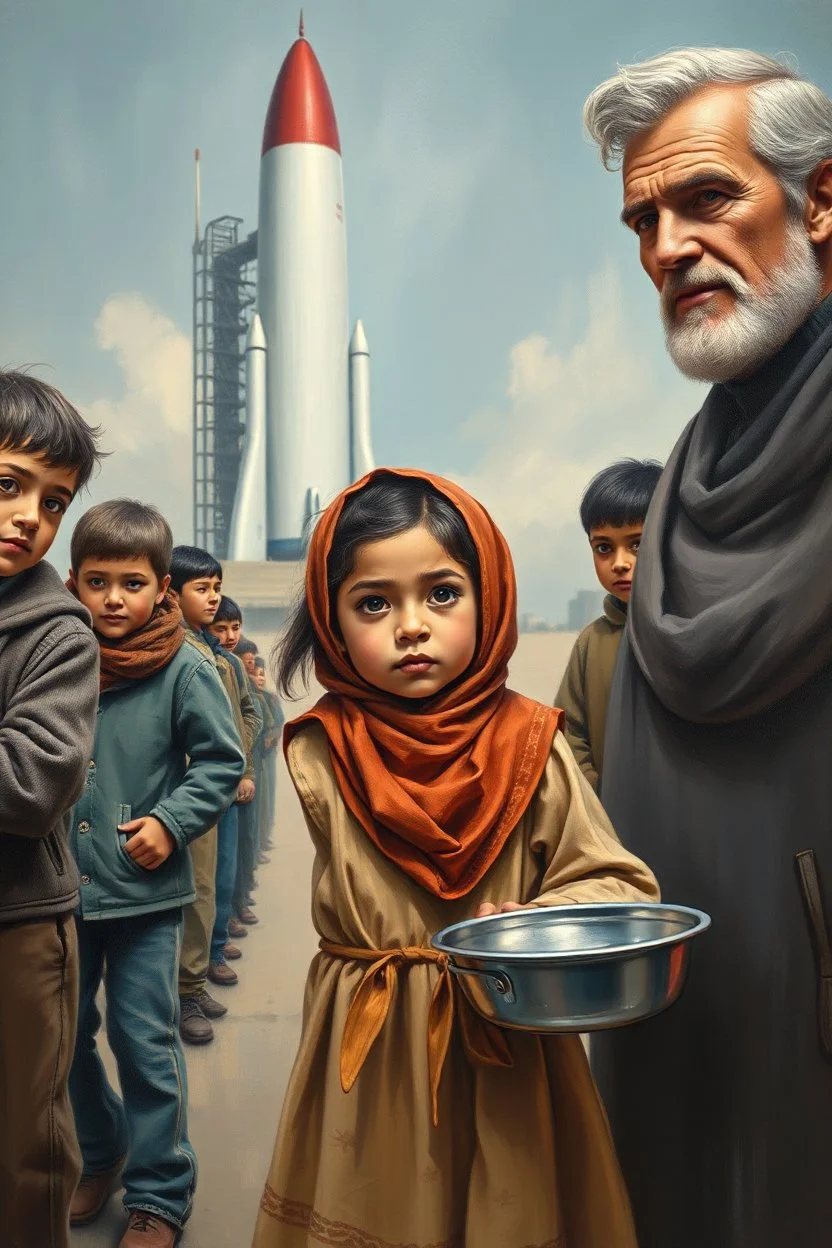 an expressive painting of a 3 years old girl poor with Ruth clothes standing in line with out her children’s asking for food with a pan in her hand painting, a large space rocket base behind ready to be lunched in the background, we might see a companion with features of absolute strength and determination, blended with warmth and deep faith. Perhaps his face expresses wisdom and courage, with eyes radiating confidence and faith.
