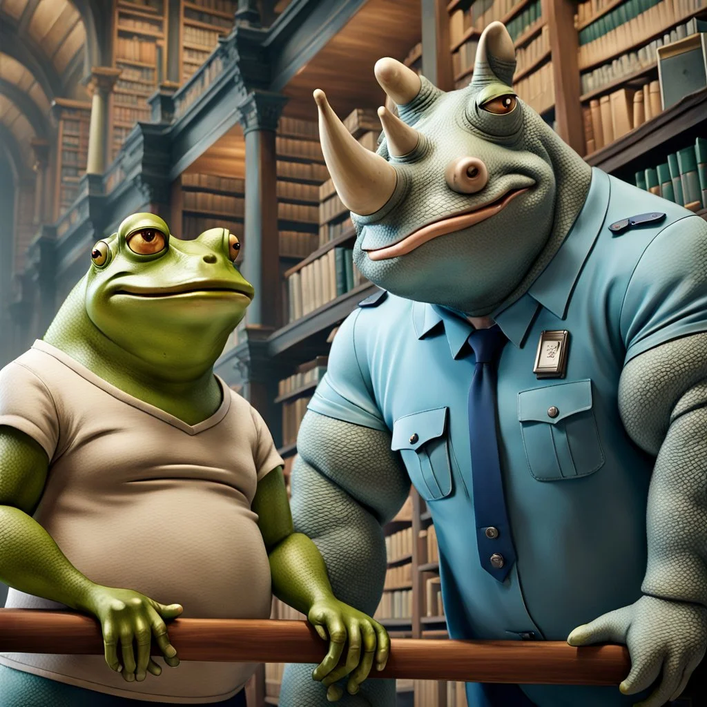 close up photo from a big and fat yellow-green color anthropomorphic frog in simple human clothes talking with a gray strong anthropomorphic rhinoceros without horns in blue modern security guard clothes, they talking and elbowing on an old wooden railing next to each other, in background a bibliothek with tall book shelves, detailed sci-fi, fantasy mood