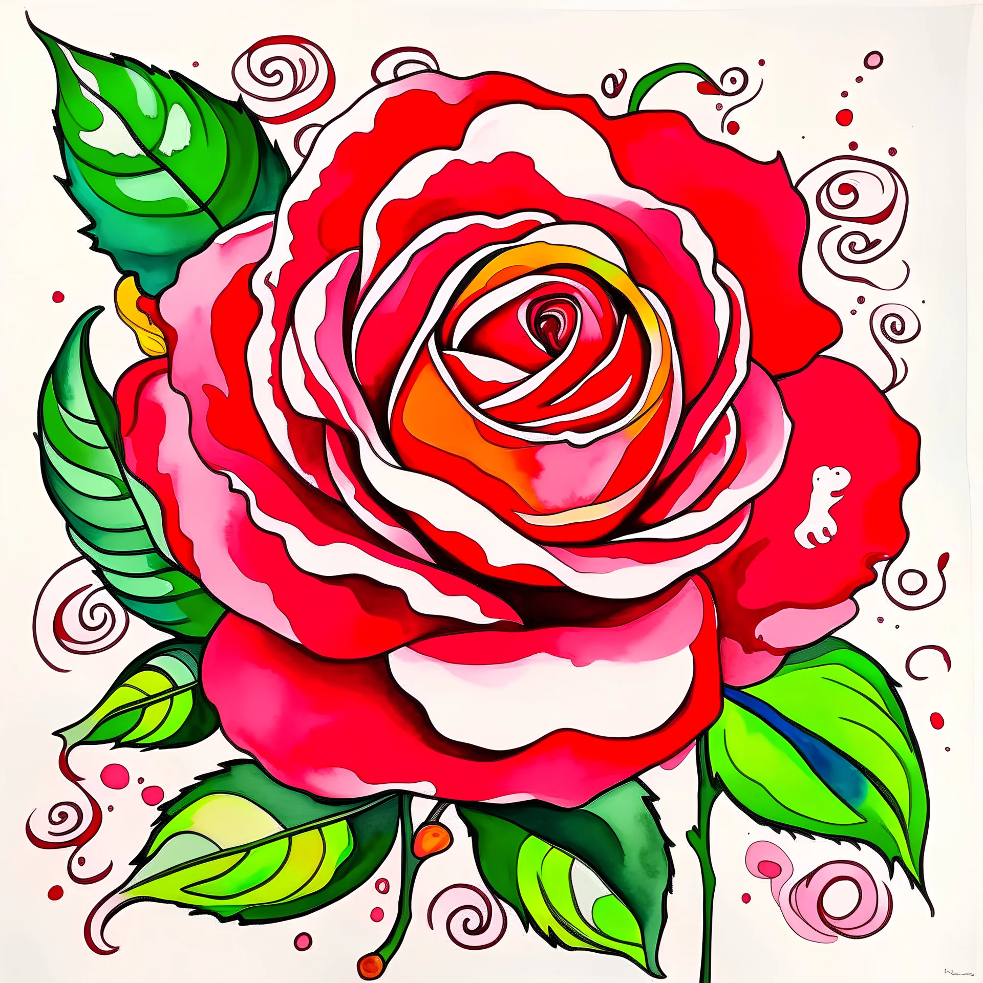 A colorful watercolor painting of a rose. The rose has big green leaves, red petals, with deep red outline details. The image is in the middle of a white canvas. The background should be clean and mostly white, with subtle watercolor splashes and thin, straight lines that intersect with dotted nodes. The style is expressive and textured, reminiscent of outsider art.