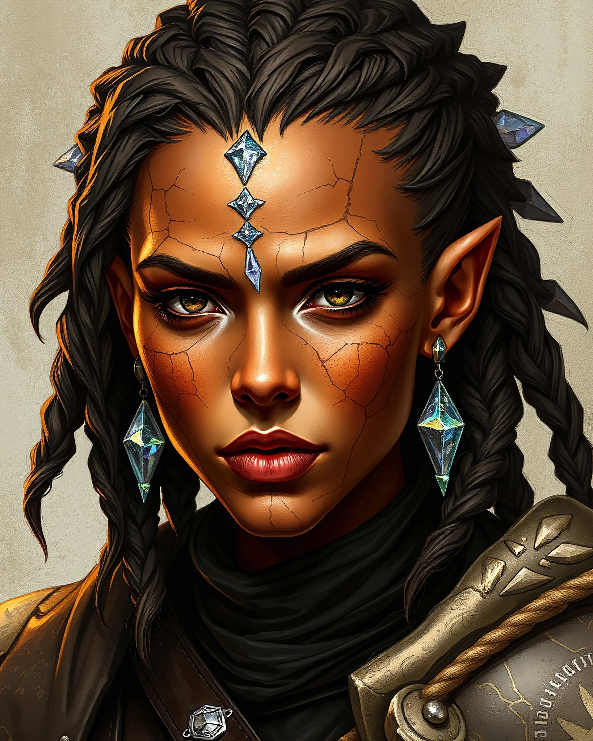 generate a female genasi cleric for D&D. She should have brown orange colored skin. She should have lines marking her skin like cracks, showing glimmering gem-like veins. Her hair should appear made of crystals. She wears leather armor. No earrings or crystals on the forehead.