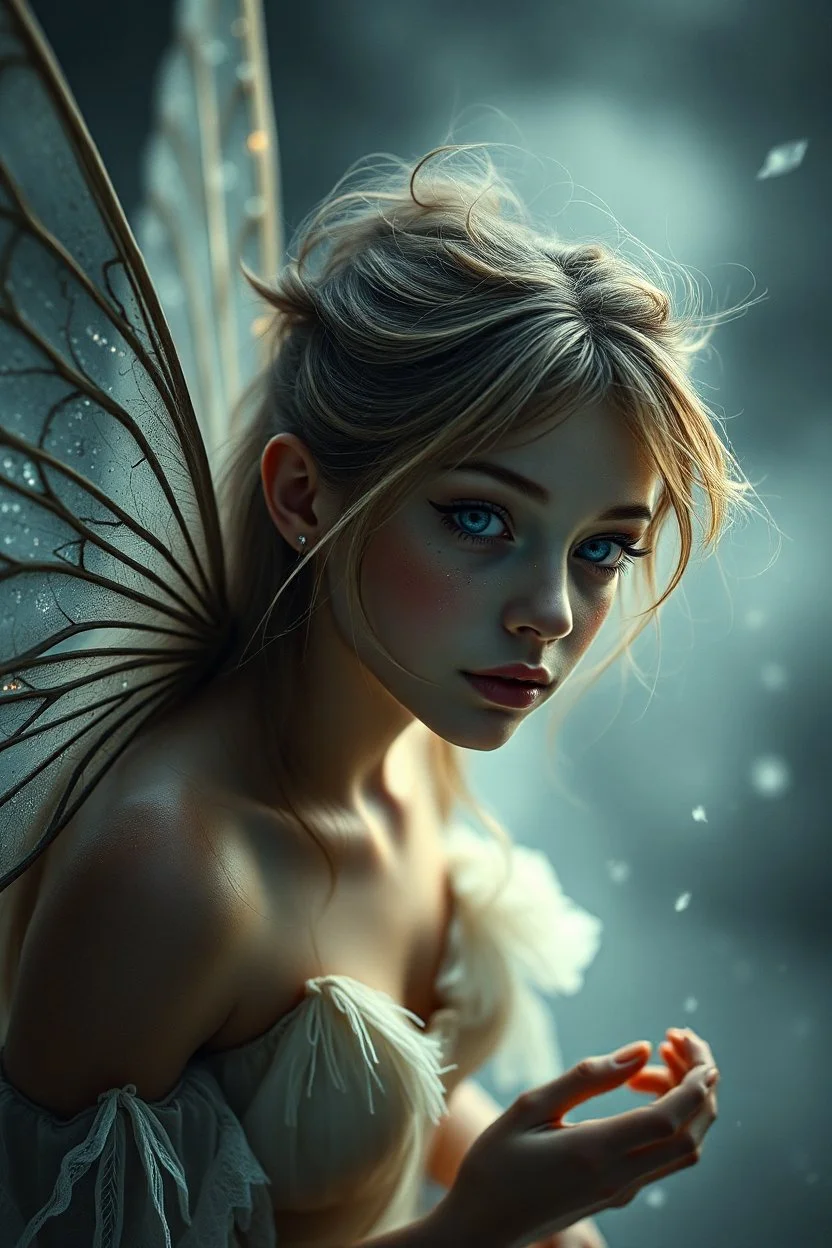 Extremely realistic photo of fairy ,with big winks, fog, general foul weather, (Rembrandt Lighting), zeiss lens, ultra realistic, (high detailed skin:1.2), 8k uhd, dslr, Dramatic Rim light, high quality, Fujifilm XT3, artwork in pale distressed tones , minimalistic approach, blends old world aesthetics art with elements of distressed painting and illustration, shadow play, high conceptuality, palette inspired by Charlene Mc Nally, Carne Grif