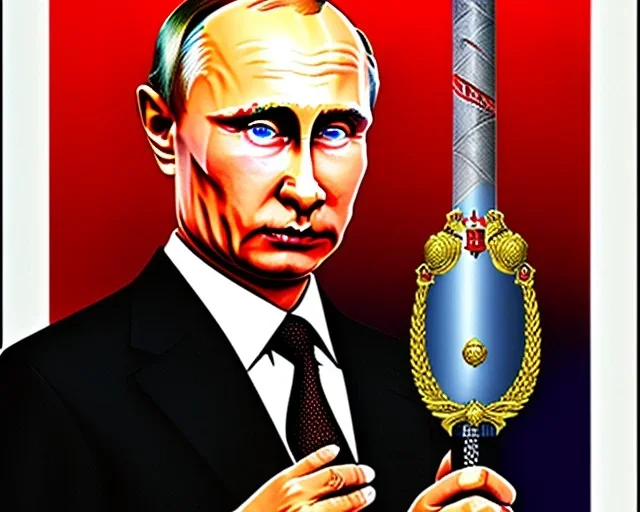 Russia president satan Vladimir Putin, evil fangs, atomic bomb cudgel