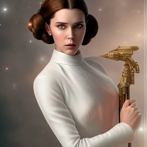 stunning half-body portrait photo of princess leia from Star Wars, hazel iris, wlop, artgerm, akihiko yoshida, and liang xing, detailed face, doe eyes, intricate braided hair style, symmetrical eyes, trending on artstation, highly detailed, white dress, dynamic pose, intricate outfit, space ship and galaxy background