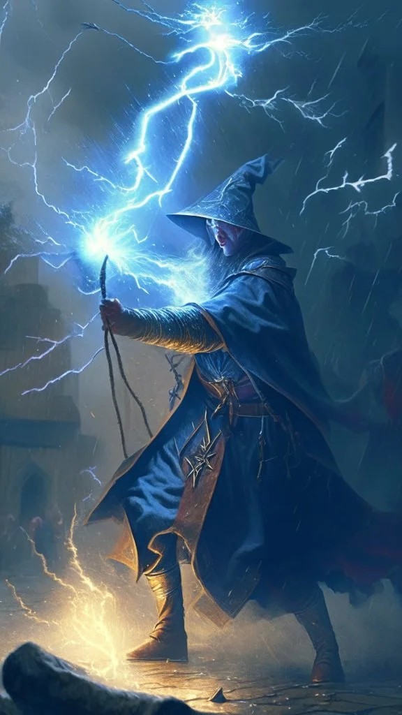 mage casting a lightning against an army medieval