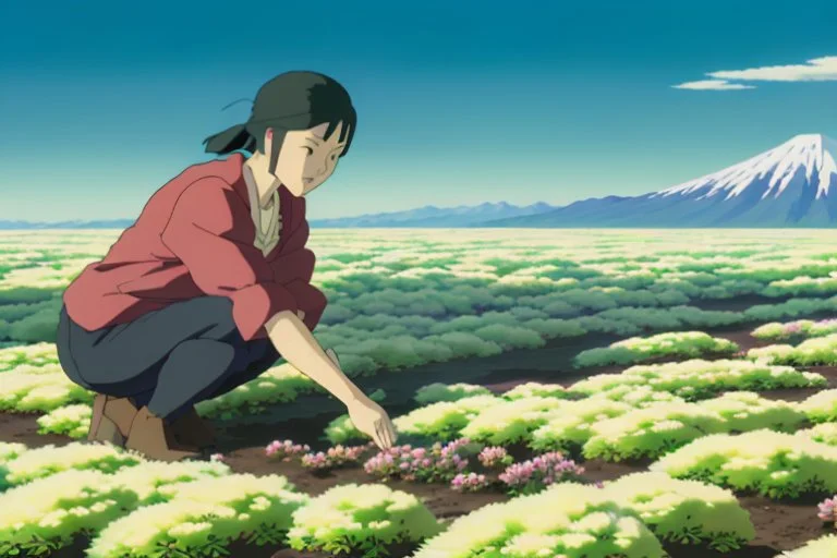 A heart-stirring image of Toshi teaching Yui to plant the mythical seeds amidst the biodome's blight-stricken area. Their shadows stretch long against the backdrop of Alberta's fiery horizon visible through the dome.