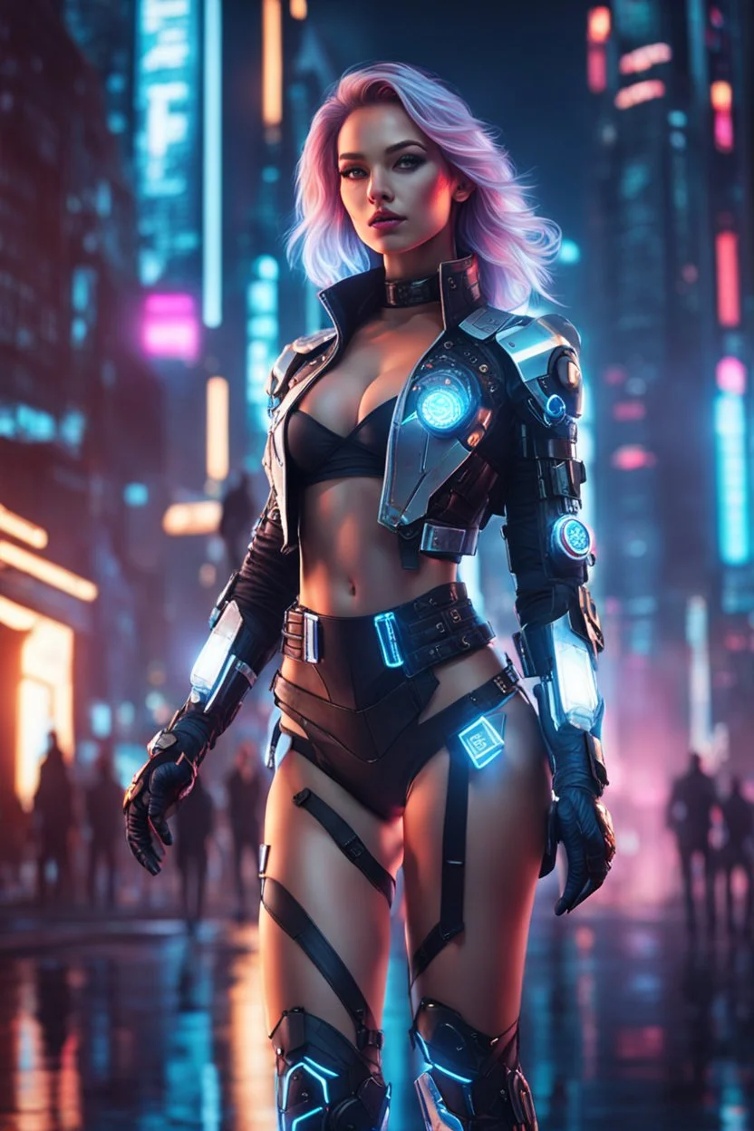 Full body portrait realistic cyber Russian girl dressed appealing, nightlife costume, she is looking at her holographic watch, futuristic uplifting mood and motivation theme, science fiction, spectacular landscape spring season in cyberpunk city, incredibly beautiful in the cyber-city street, stunning intricate meticulously detailed dramatic digital illustration volumetric lighting, 200 megapixels 8K resolution, back-lit soft lights, photo-realistic arts, realistic photography, neon colo