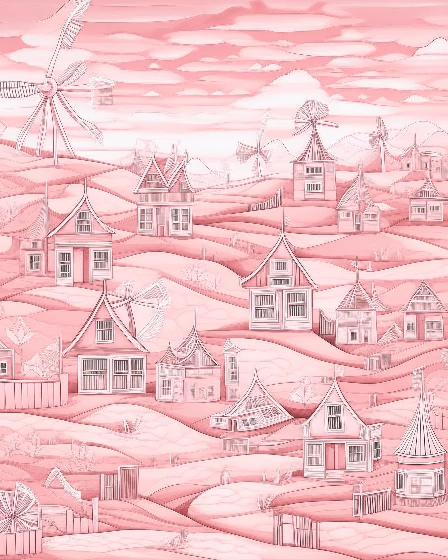 A light rosy pink old town with windmills designed in Navajo woven art painted by Guo Xi