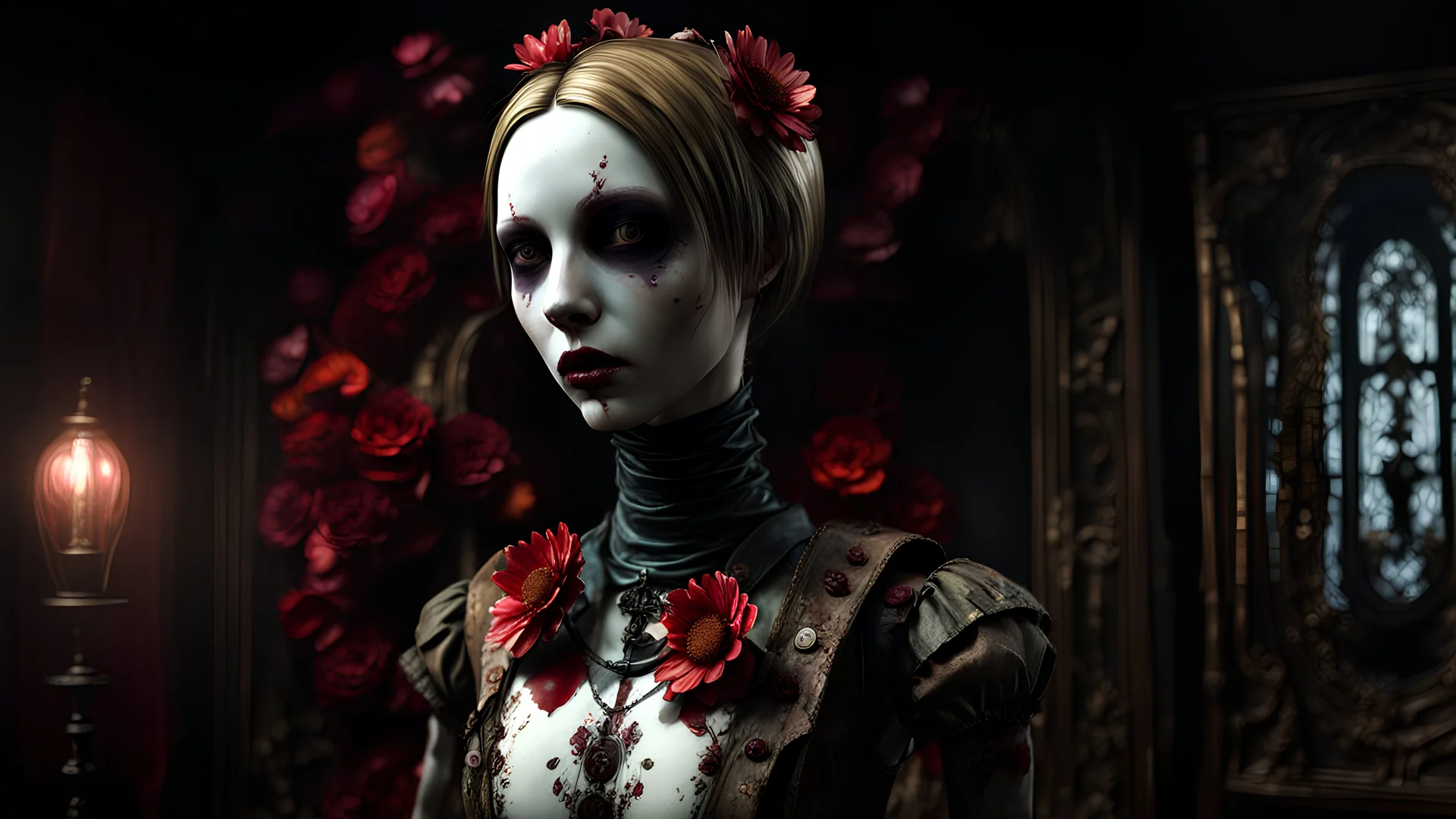 A gritty horror game rendering of a creepy posable art mannequin character with articulated joints, the art style of Silent Hill, decaying, liminal spaces, eerie, flirty, painted antique porcelain, wet, glossy, viscera, colorful flower petals, dark fine arts, morbid fine arts, macabre fine arts, 16k resolution, high quality, sharp focus, intricate details, highly detailed, chaotic, dynamic lighting, backlit, photorealism, canon lens, full figure shot, deep color, black, white and crimson hour