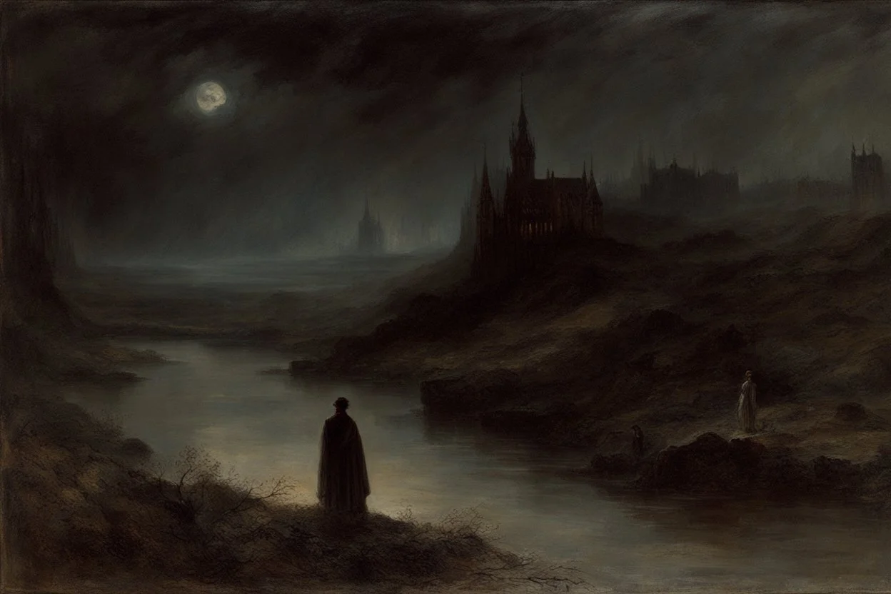 cloudy Night, mistery and enigmatic influence, disturbing, rocks, mist, vegetations, elevations, people, gothic horror films influence, jenny montigny, rodolphe wytsman, and willem maris impressionism paintings