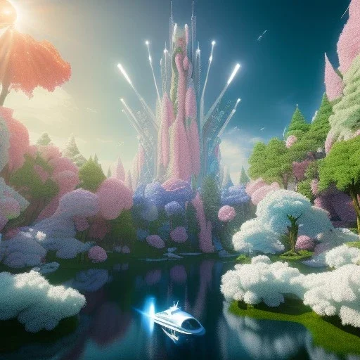 Spaceship landed on lake, sunny day. clear sky, cascade, blue trees, flowers. Elegant. Extremely detailed. Award winning photography. Fantasy. 8k. Cinematic lighting. Photorealistic. Dynamic lighting. Imperial colors. Crisp quality. Unreal Engine. Colourful cinematic postprocessing. Pixar. VRay.