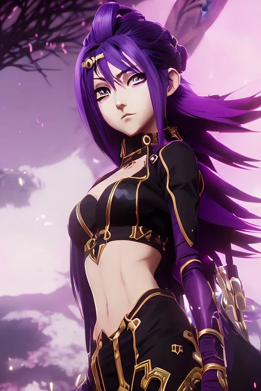 Detailed cute anime Kunoichi girl, purple hair buns, purple bangs, black latex bodysuit, intricate details, full body portrait, keep head in frame, slight smile, black Japanese motif, concept art, highly detailed, digital painting, concept art, sharp focus, illustration, art by Yoji Shinkawa, WLOP and greg rutkowski and alphonse mucha and artgerm and yanjun Chen and Junji ito and Makoto Shinkai, HDR, octane render