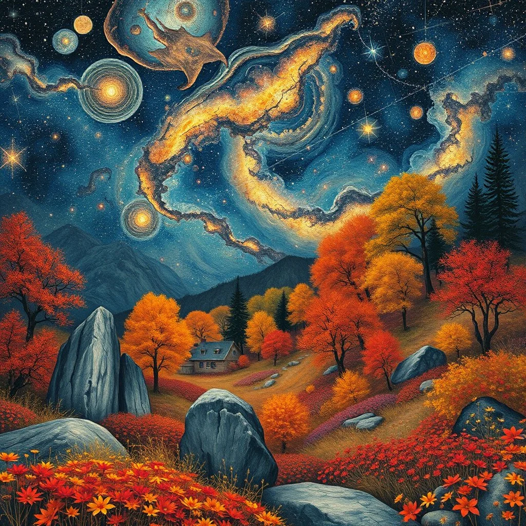 Autumn colors, peaceful, Egon Schiele, Max Ernst, night sky filled with galaxies and stars, rocks, trees, flowers, one-line drawing, sharp focus, 8k, deep 3d field, intricate, ornate, one million strokes. strong colors