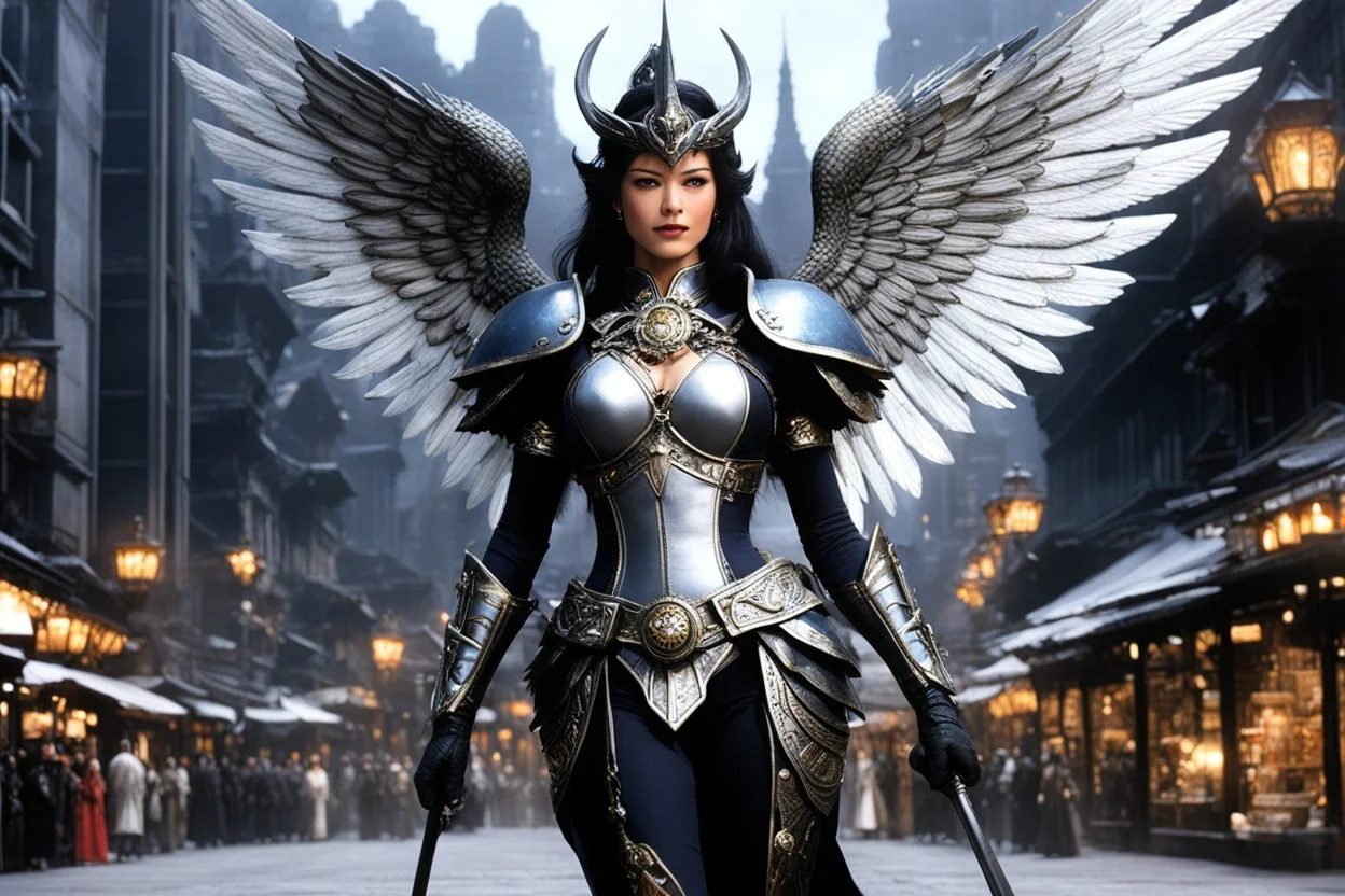 (in the style of Orion, by Masamune Shirow) (photo from a movie by Ray Harryhausen) she is a female fallen angel wizard in a city called Harbour City. Harbour City is a city of wealth and prosperity and is controlled by a powerful group known as the "Council". She has lived in the city all her life, and she is very comfortable with the Council and their rules.