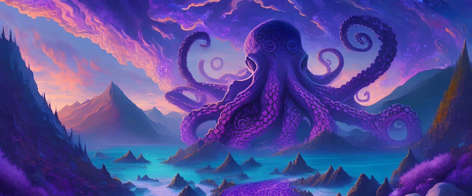 a giant, beautiful octopus, complicated, psychedelic, purple tones, fantasy landscape, paradise, magical, high quality, 8k, digital painting, single pathway to heaven, mountains, mosaic