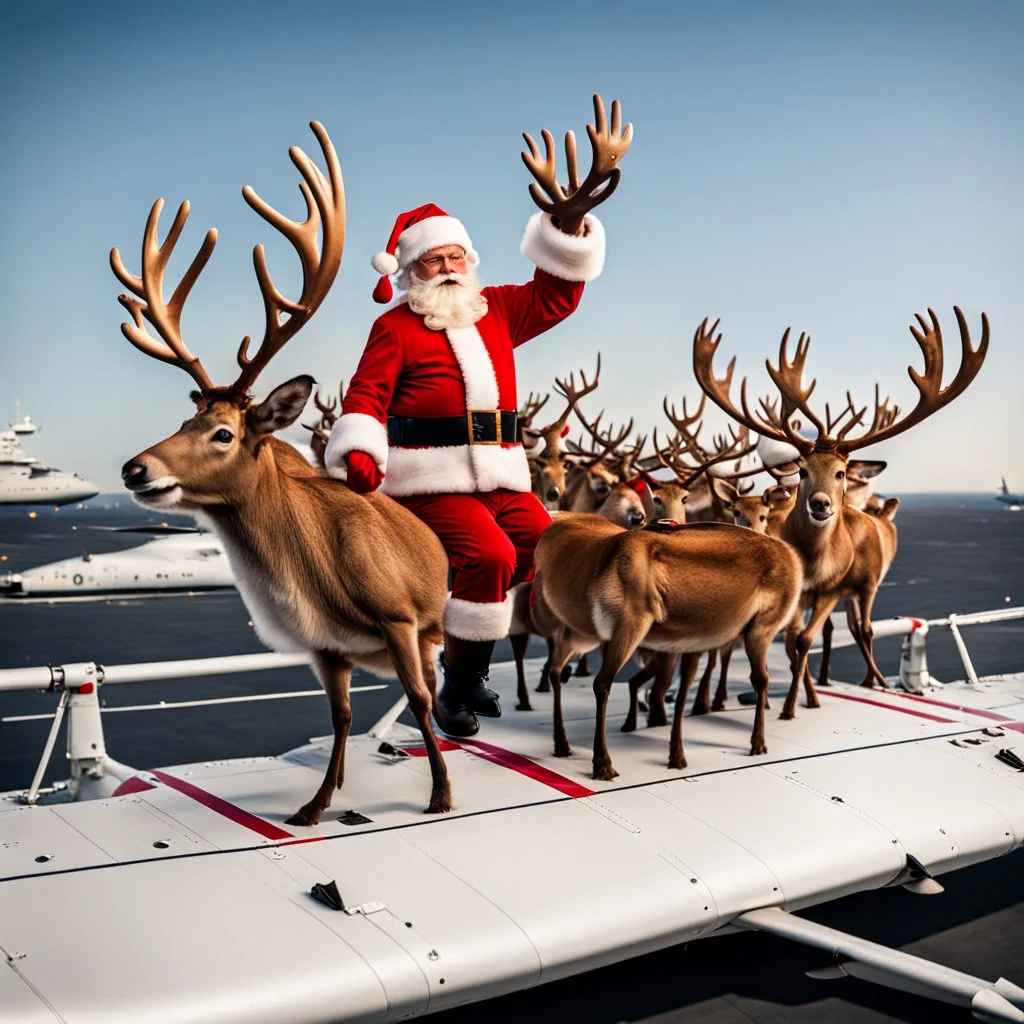 Santa Claus landing his sleigh with reindeer on the flight deck of an aircraft carrier