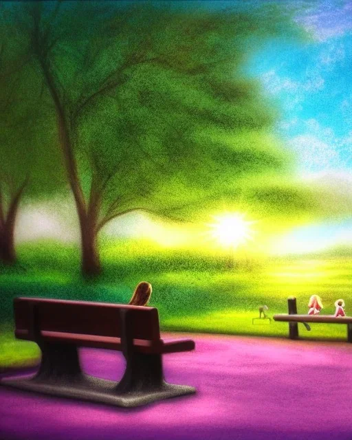 park mystical dream, park bench, man, woman, child, dog, trees, path, bird, sunshine, mystical, fantasy, romanticism, pastel colors, daylight, daytime, acrylic painting, detailed, soft focus,