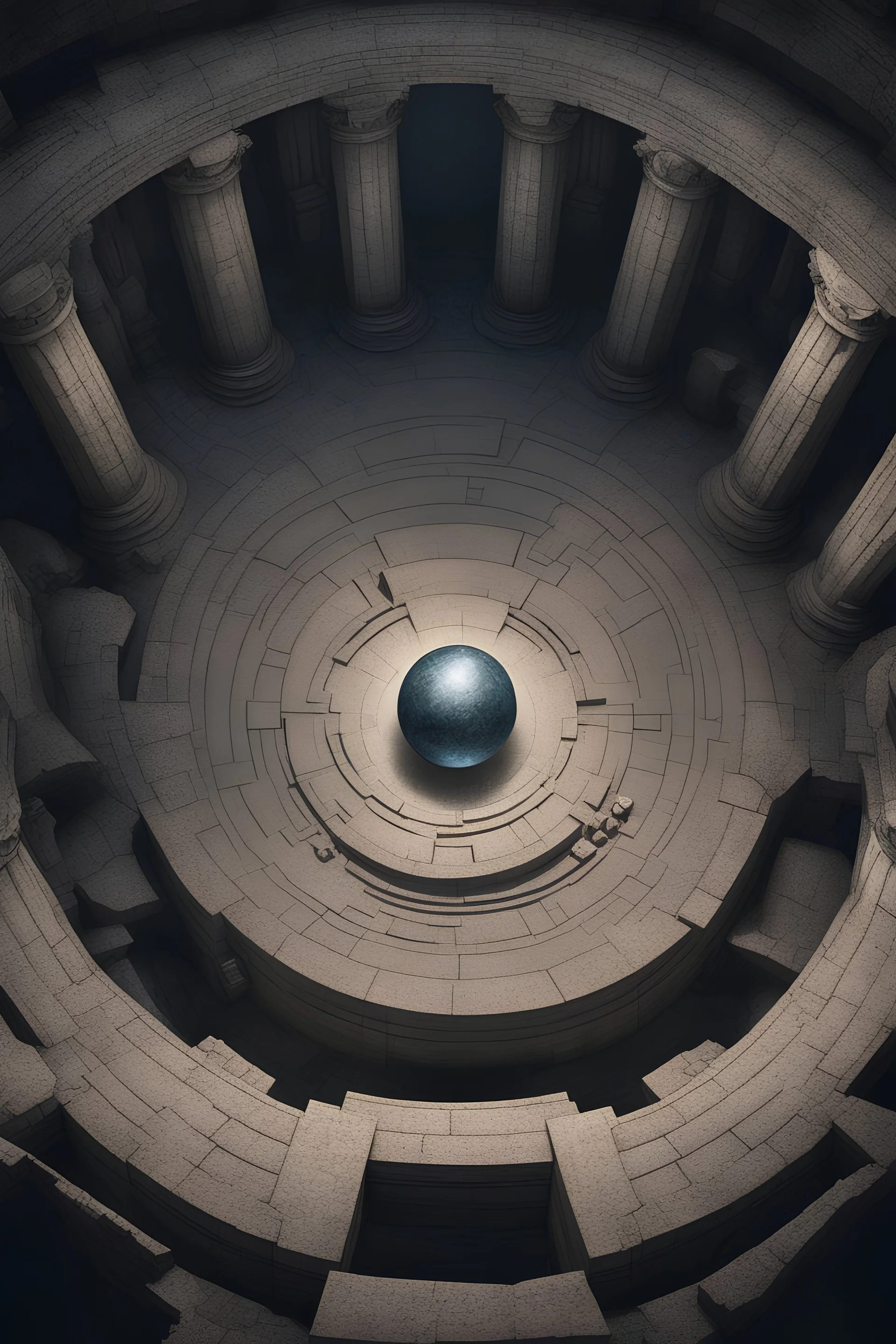 abandon temple, pedestal in the centre with an orb resting on top seen from above, underground, gigantic room, dark