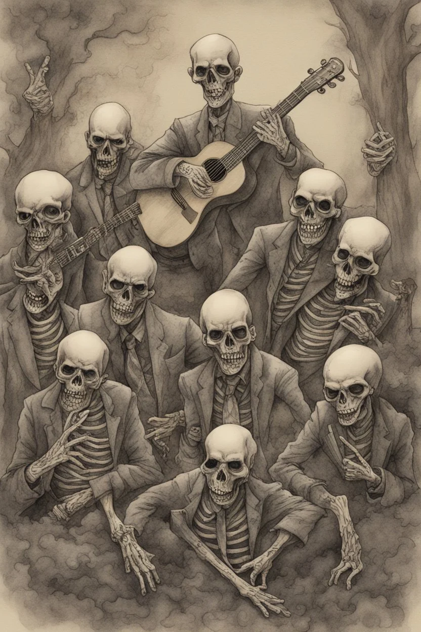 Zombie boy band called Skeleton Crew; Intricate Line Drawing; Ink Wash With Watercolor Paint