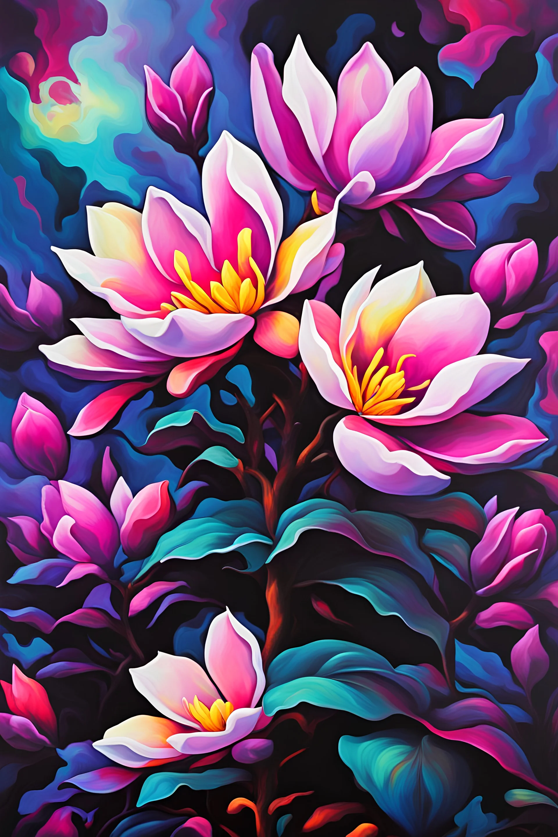 vibrant psychedelic oil painting image, airbrush, 64k, cartoon art image of background black and colorful magnolia flowers , dystopian