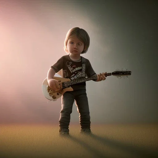 Mystery Kurt cobain toddler, full body, guitar, dramatique, art background, dramatic lighting, volumetric lighting, hyperrealisme, 8k, high quality, lot of details, fit within portrait, hyper realistic, unreal engine 5, uhd