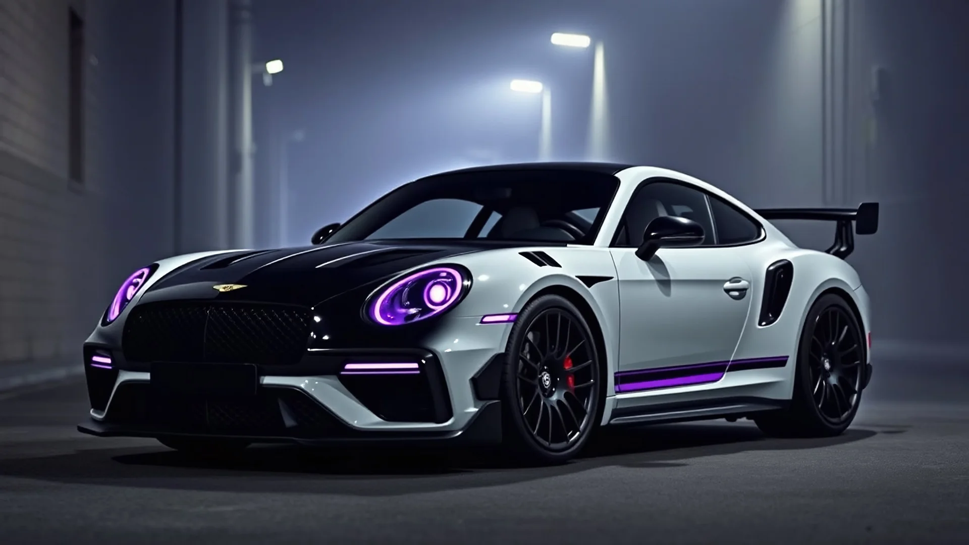 "An armored Bentley Continental GT X Porsche 911 Turbo S 2024 with a gloss black and glossy white fusion, featuring purple accents on the armor plating, spoilers, and rims. Tinted windows and deep purple headlights add to its mysterious vibe. The car sits low with black concave mega mesh wheels, set in a dark, foggy alleyway at night, exuding an ominous presence."