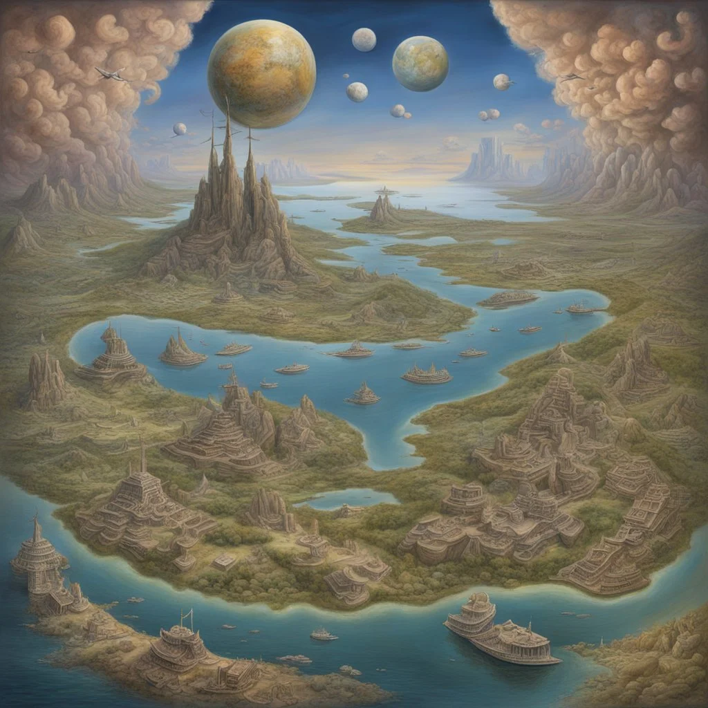 metaphorical rendering of an archipelago of various economic terms, triple witching, neo surrealism, by Otto Rapp, smooth meander matte oil paint.