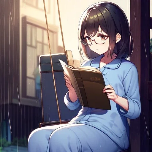 anime girl sitting on a porch swing of an old house, journaling, wearing pajamas, writing in a book, shes watching it rain, more detail on hands and her face,shes deep in her thoughts, wearing glasses, rain drops, she has a pencil in her hand and is writning in the book, she is looking down at what she is writing, lightning, she is writing something in a book