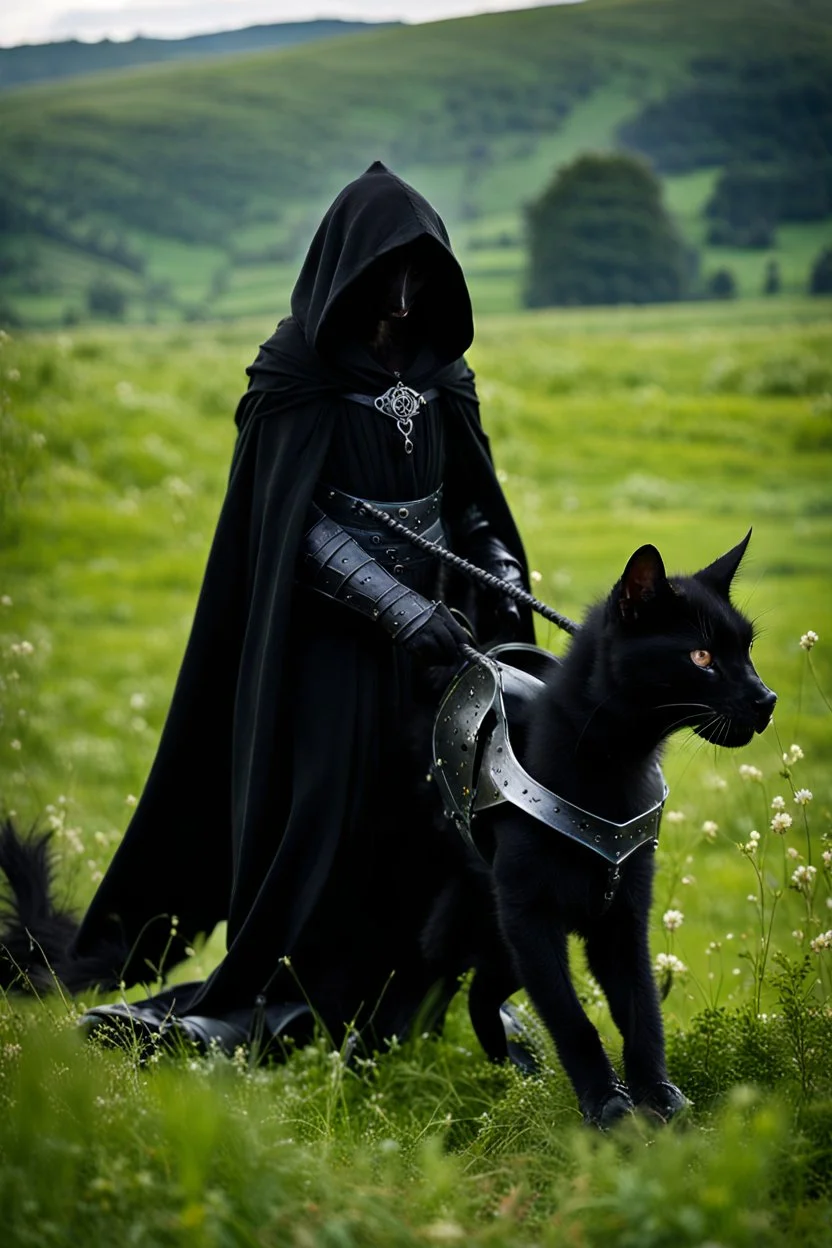 a full-length photograph of a [black-robed hooded Nazgul from the [Lord of the Rings] movies, articulated metal gauntlets] stands over a [small black kitten] which laps from a [small bowl of milk] on the ground, a [huge black warhorse, black saddle] in the background, depth of field, green meadow, mood ominous --style raw