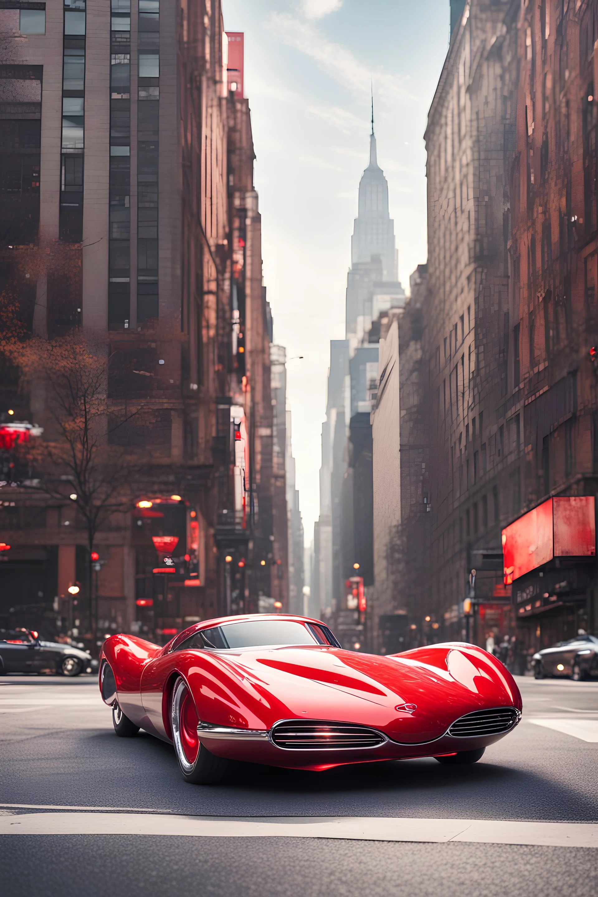 creates a concept supercar in '50s style with a retro-futuristic bodywork in red and silver on a street of New York, with a bright sky