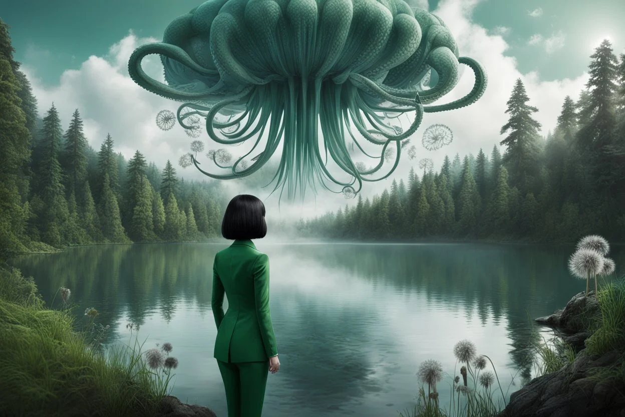 A skinny woman with a black bob hairstyle, in a green and silver suit, standing, looking out over a lake, in an alien forest, with tall narrow cloud trees, with flying dandelion heads with octopus tentacles