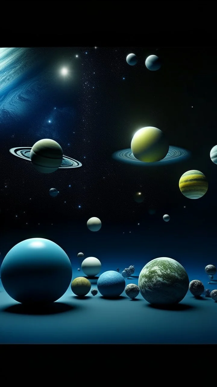 Solar system 12 different sizes plants around in fog blue backdrop with a big spaceship dark hi density photographic