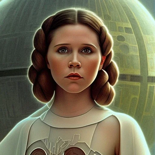 star wars death star background, complete and photo realistic detailed head to waist stunning photo realistic portrait of young carrie fisher as Princess Leia in star wars with photo realistic hairstyle by Mandy Jurgens and mucha and Richard Schmid and chuck close and chie yoshii, extraordinary and detailed ceremony dress of star wars,brown eyes