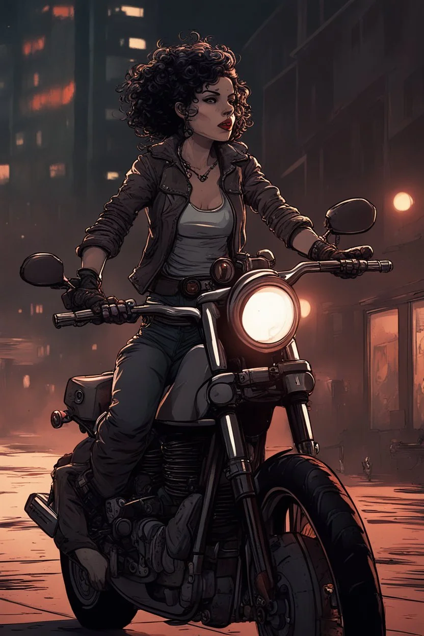 vampire girl with short curly hair riding a cafe racer motorcycle in a post apocalyptic city at night