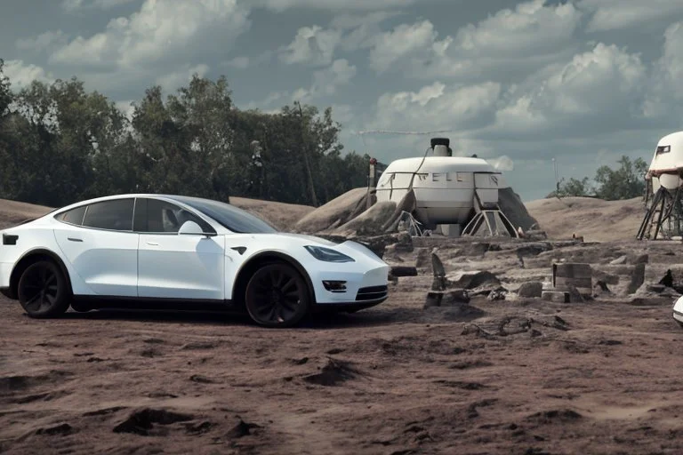 A Tesla 'Model S' is parked, at the lunar landing site of the 'Apollo 11'. (CINEMATIC, WIDE ANGLE LENS, PHOTO REAL)