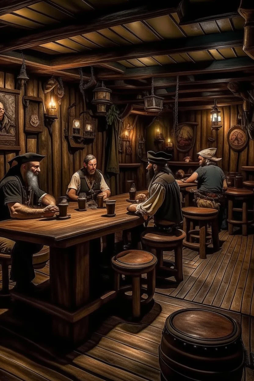 pirate tavern, pirates of the Caribbean style, tables with drunk people sitting