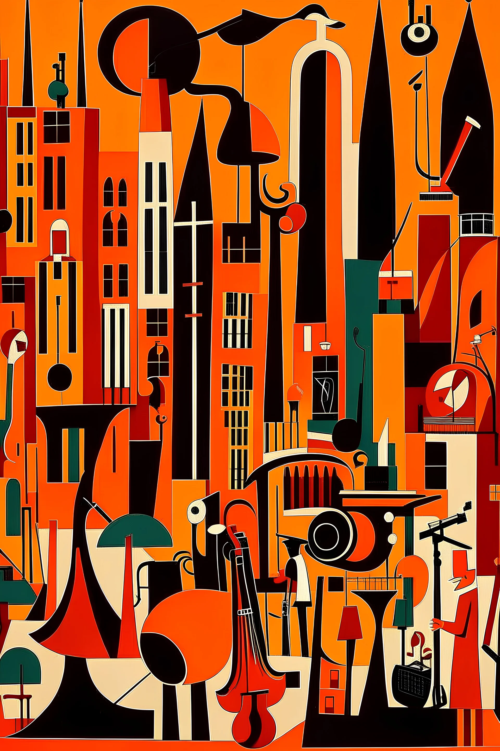 A dark orange color metropolis made out of jazz instruments painted by Stuart Davis