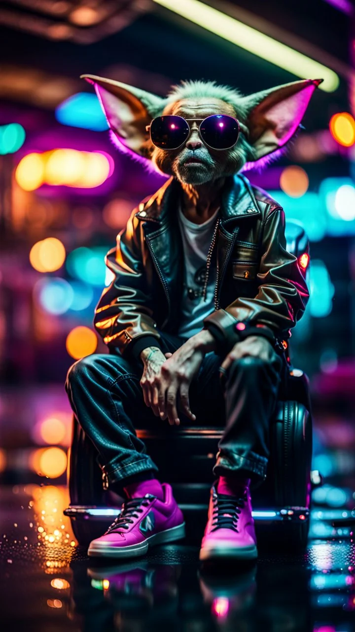 seen from camera on the ground, portrait of slick lord Gremlin myth buster pimp cyber punk sitting on a hipster car parked in dark fashionably lit reflective wet arcade hall tunnel,bokeh like f/0.8, tilt-shift lens 8k, high detail, smooth render, down-light, unreal engine, prize winning