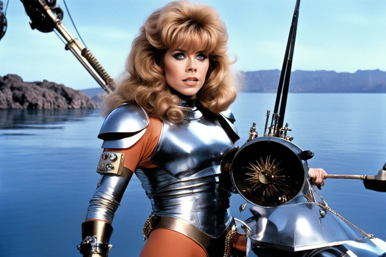 Jane Fonda as Barbarella, clad in her iconic outfit, she prepares her sci-fi fishing equipment with practiced ease, her eyes scanning the horizon for any signs of movement beneath the shimmering surface of the water. It is obvious she is a fearless adventurer with a penchant for the unusual, and she is getting ready to fish. She raises her piercing eyes