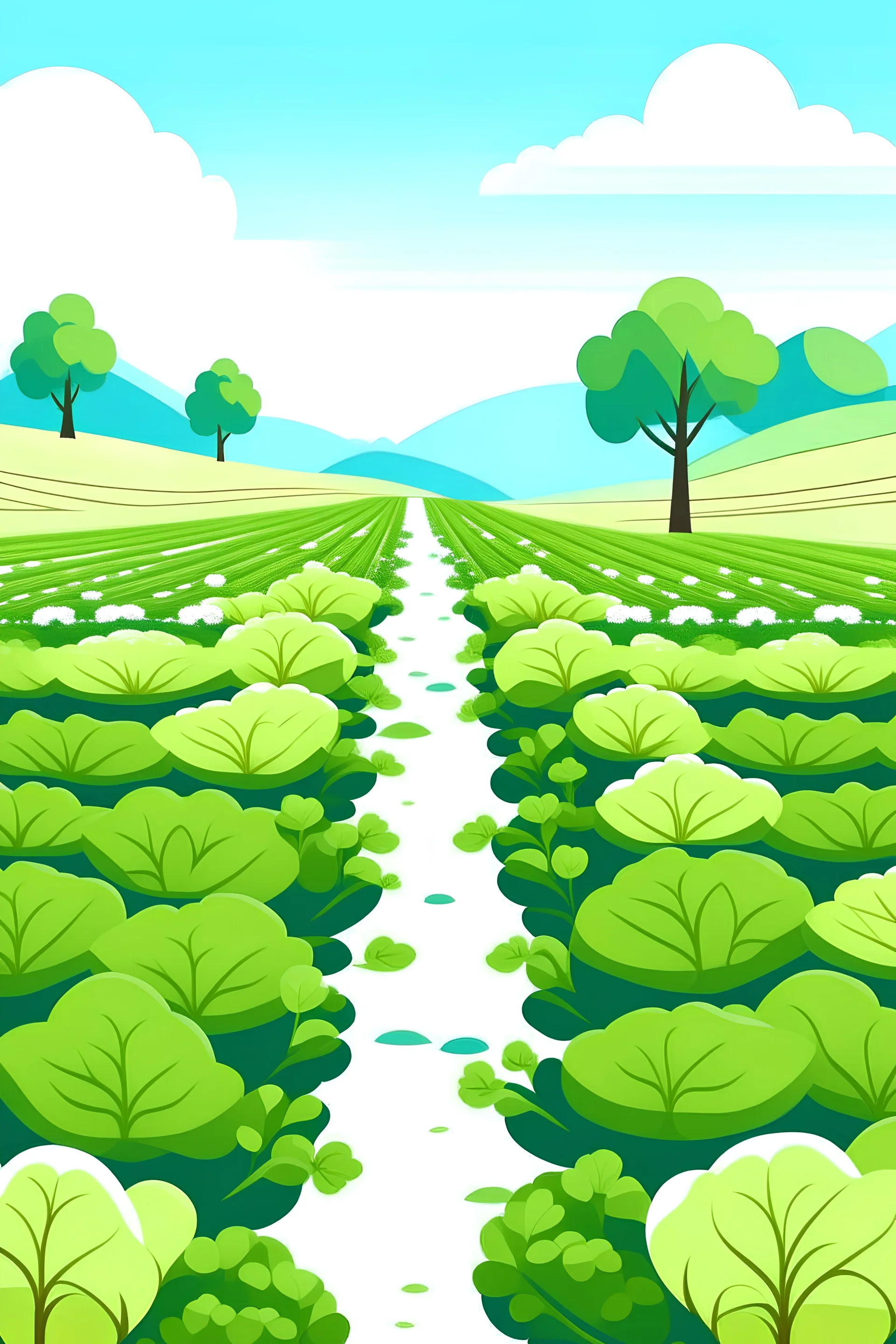 A cartoon background of a large agricultural land. The first image is an empty land, followed by planted leafy vegetables Longitudinally, such as lettuce, spinach, mint, cabbage, and parsley, with water channels for irrigation, and the vegetables must be clearly visible in the picture, the last of which is empty land.